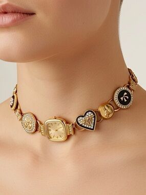 Gold Watch Charm Necklace Crystal Heart Y2K Luxe Statement Choker